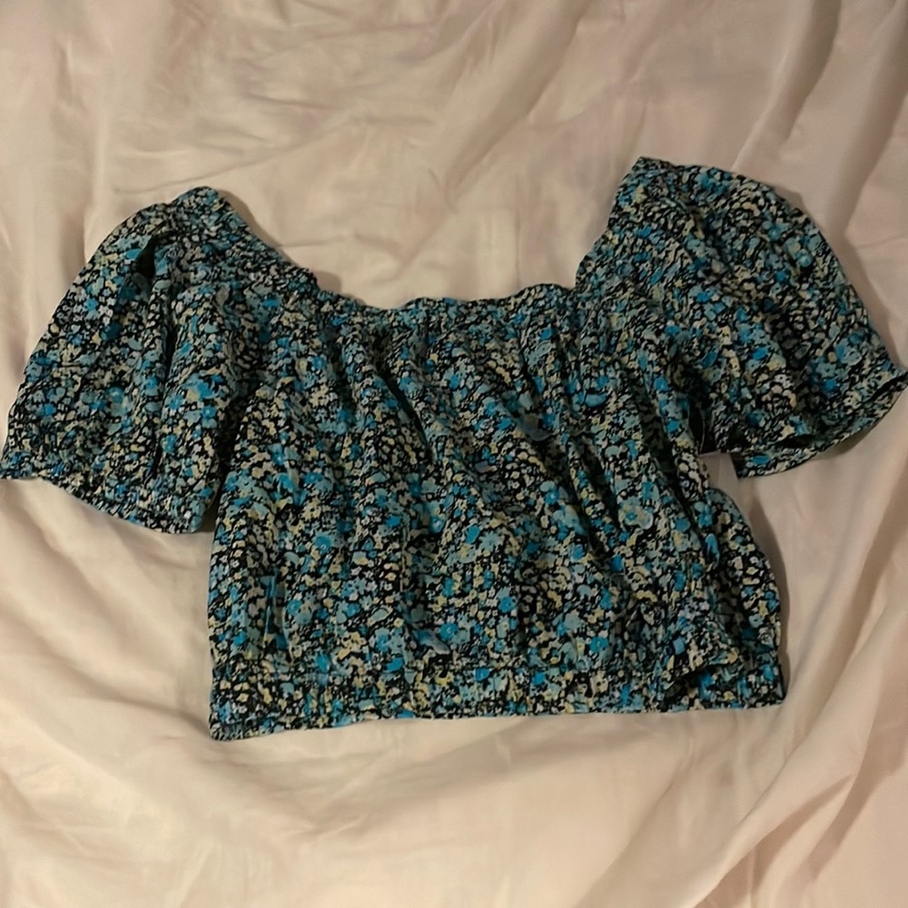 teal, floral off the shoulder crop top